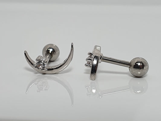 Moon with Crystal Helix Bar - silver & gold