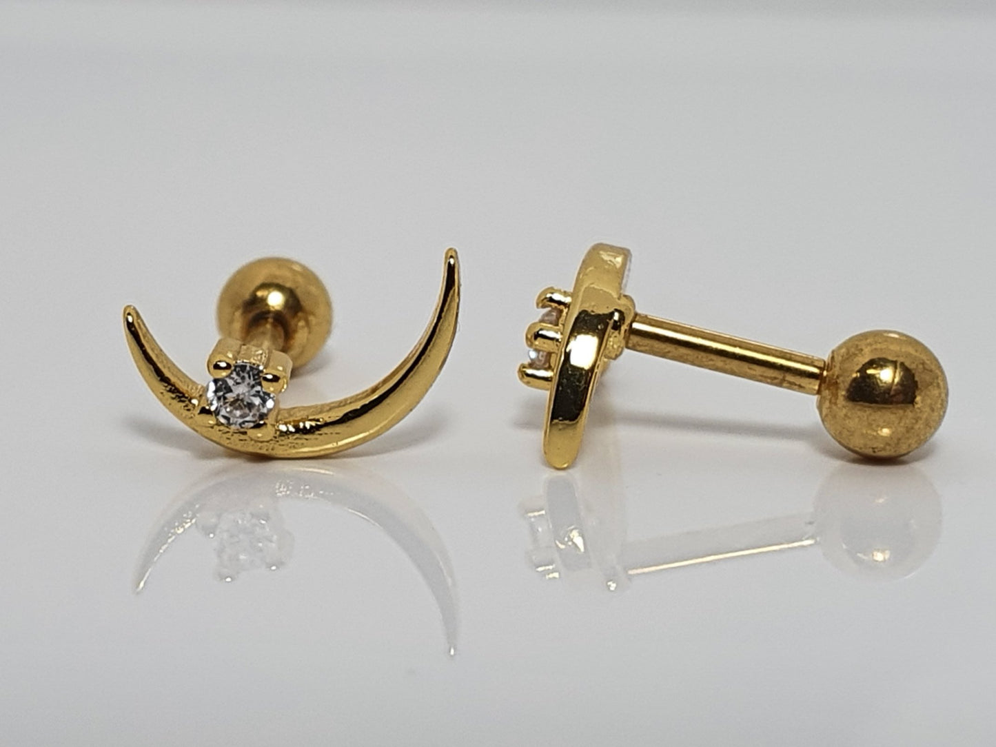Moon with Crystal Helix Bar - silver & gold