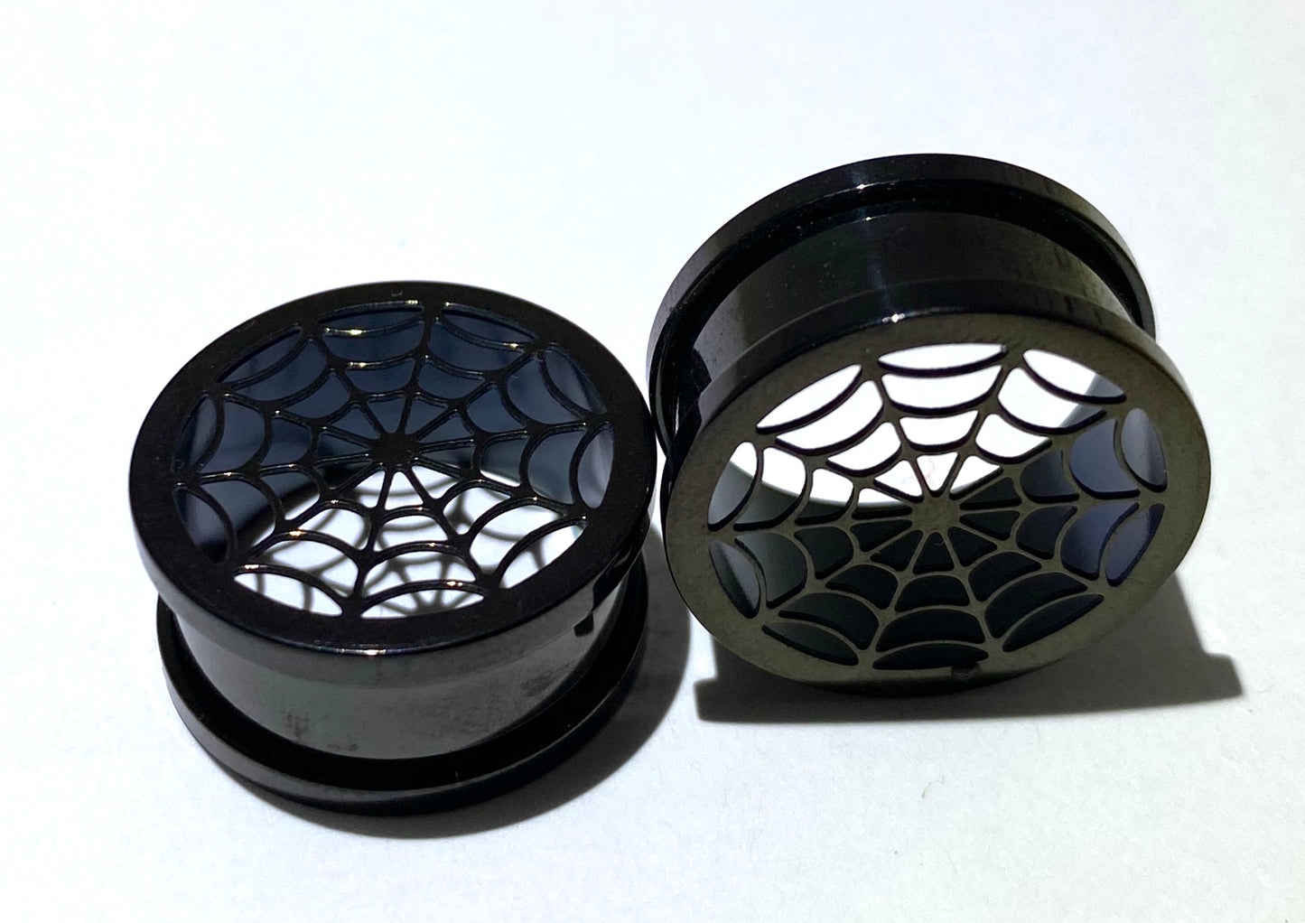 Gloss Black PVD Spider Web Flesh Tunnel (Threaded)