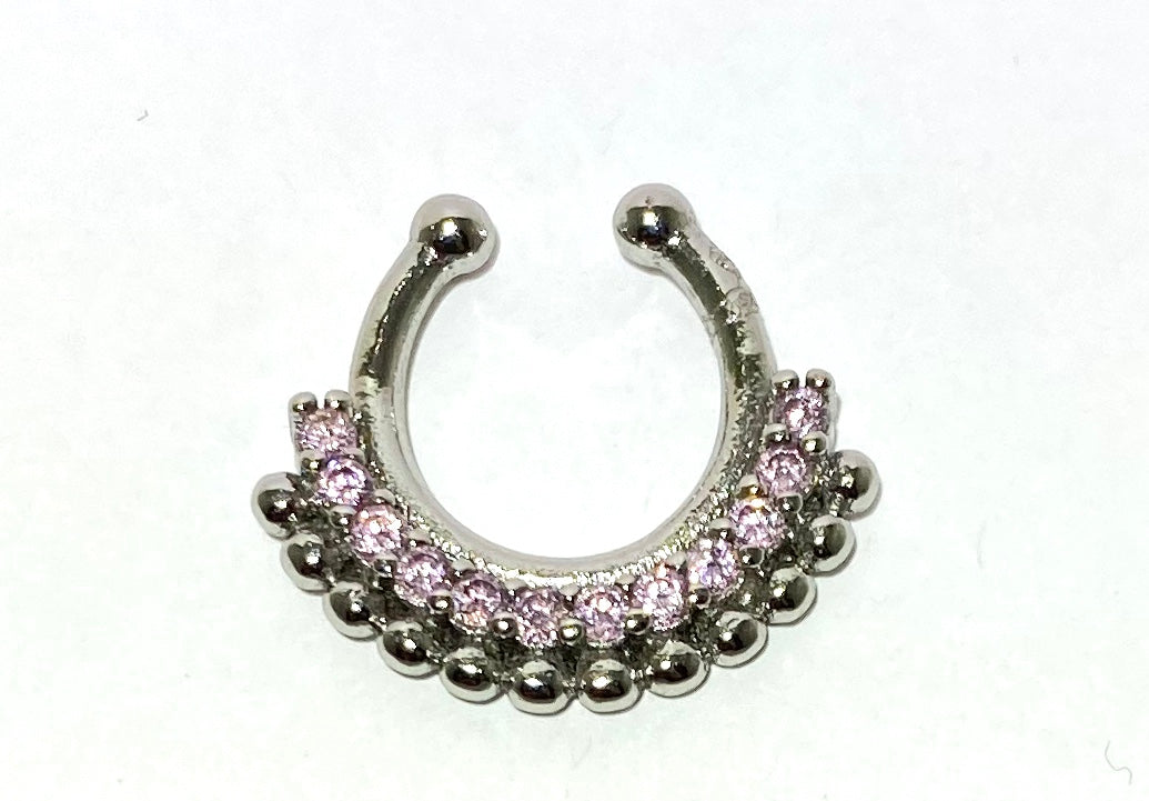 Fake Septum with Crystal Inlay and Dotted Trim (Silver)