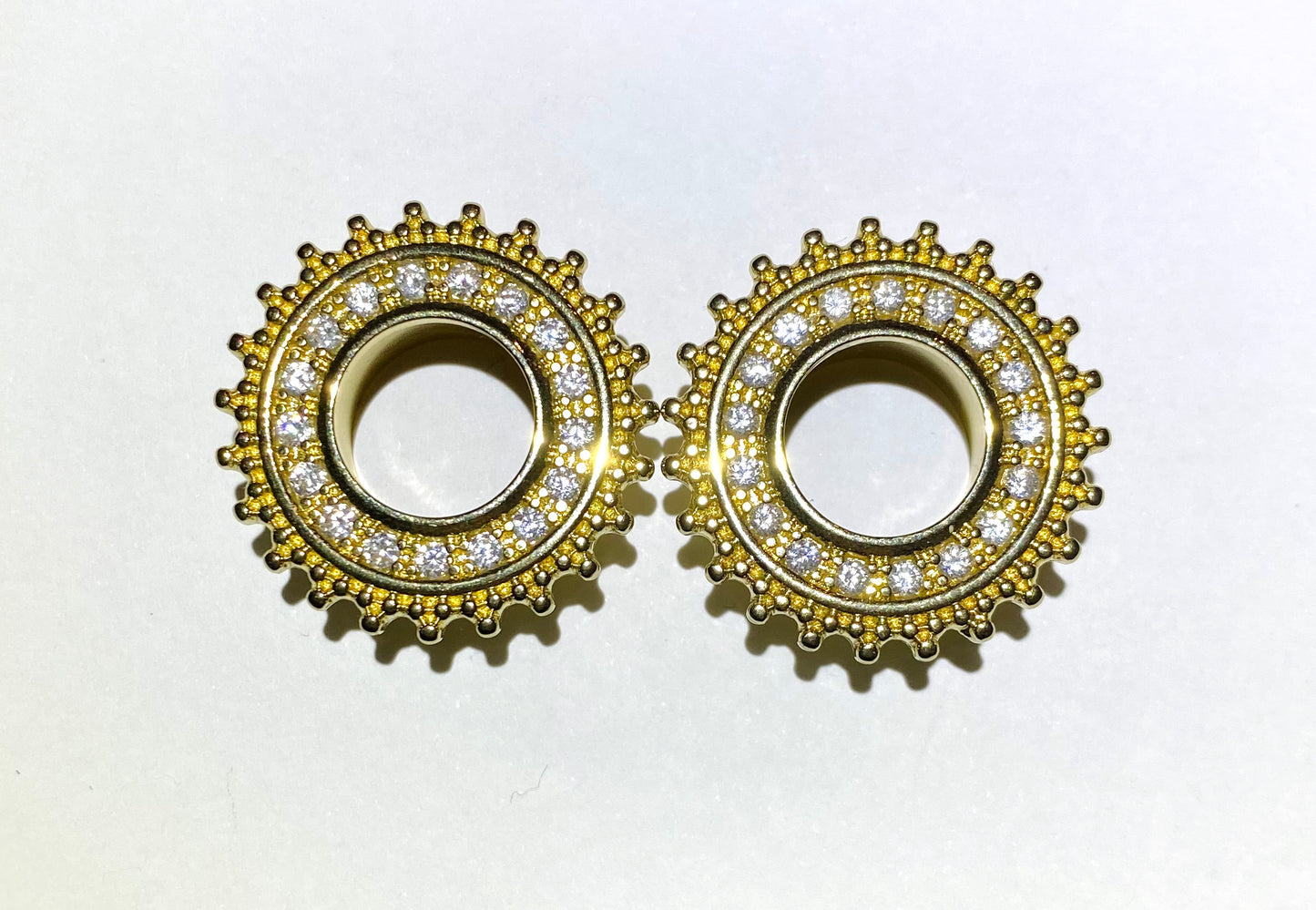 Gold Aztec Metal Flesh Tunnel with Diamanté Trim (Threaded Back)