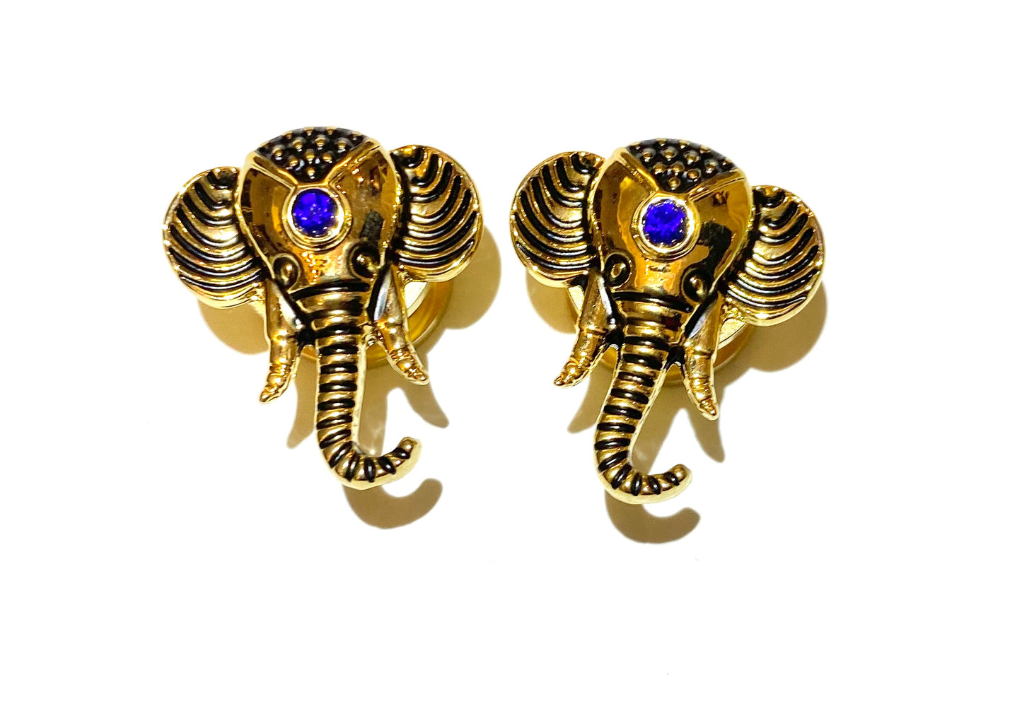 Gold Plated Elephant Plug with Sapphire Third Eye (Threaded Back)