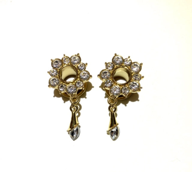 Gold Plated Diamanté Encrusted Flower Tunnel With Crystal Tear Drop (Threaded Back)