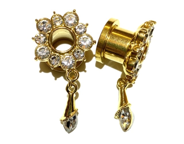 Gold Plated Diamanté Encrusted Flower Tunnel With Crystal Tear Drop (Threaded Back)