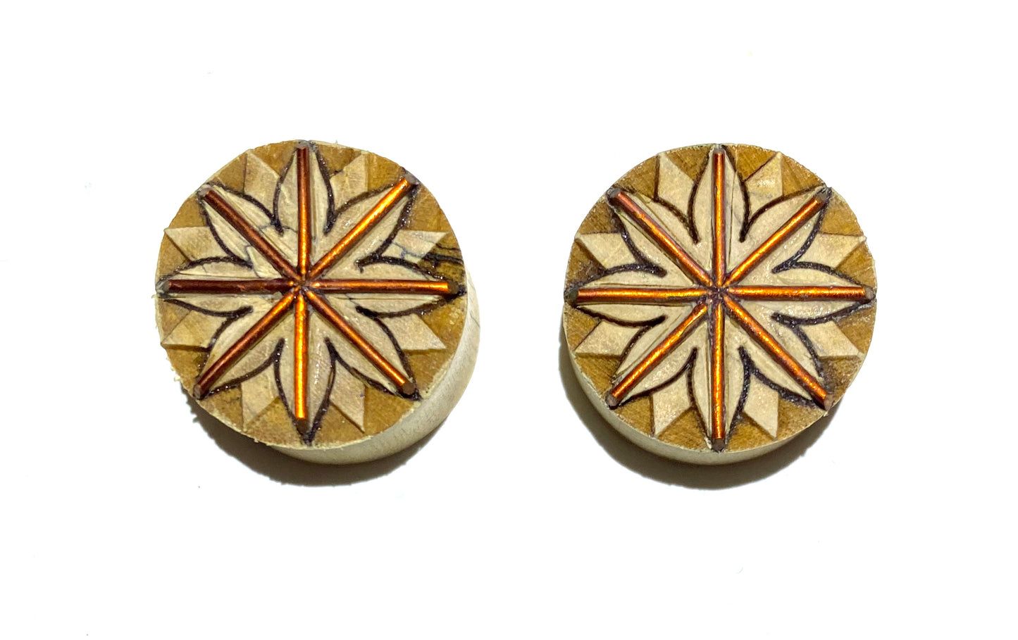 Crocodile Wood Plug With Copper Inlay and Engraved Flower Details