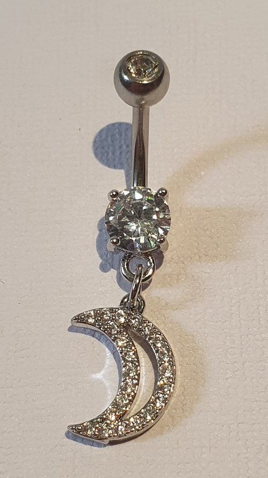 Crystal Navel Bar with Hanging Jewelled Moon 1.6mm(14g)