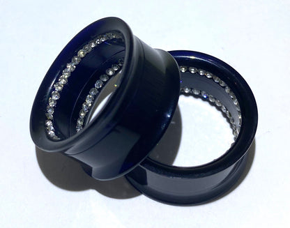 Black Acrylic Tunnel with Two Rows of Diamante Inlay (Threaded)