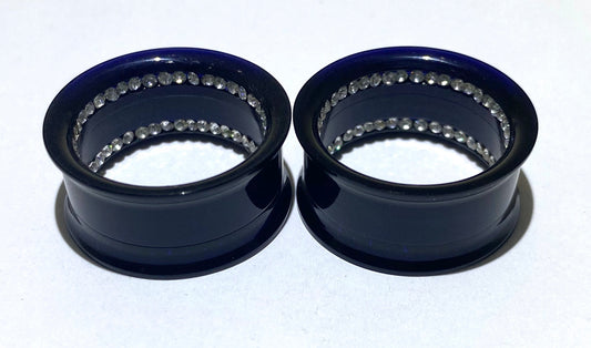 Black Acrylic Tunnel with Two Rows of Diamante Inlay (Threaded)