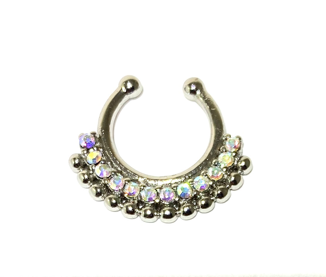 Fake Septum with Crystal Inlay and Dotted Trim (Silver)
