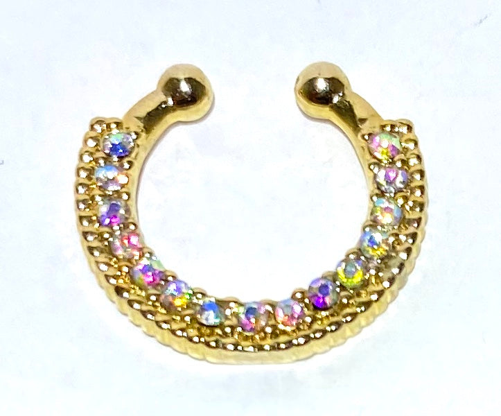 Gold Fake Septum Ring with Crystal Inlay