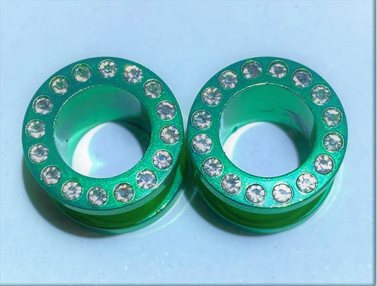 Green Titanium Threaded Tunnel set with Crystals