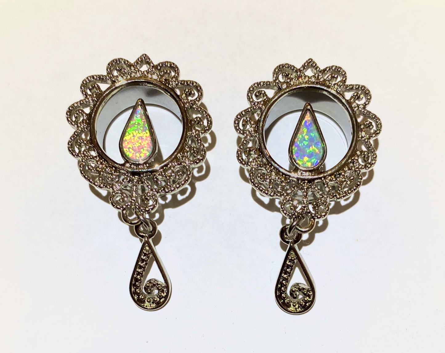 Surgical Steel Mandala Plug with Opal Centre and Teardrop Dangle (Flared)