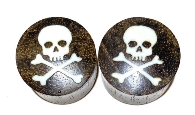 Coconut Wood Plug with Pirate Skull bone inlay