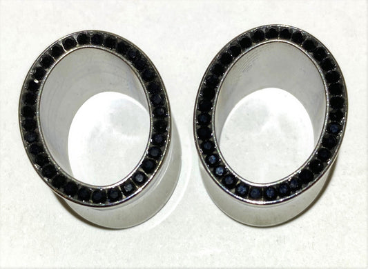 Oval Tunnels Flared with Black Crystals Inlay