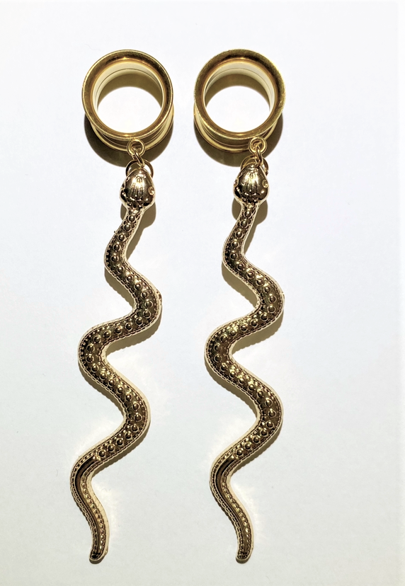 Gold Threaded tunnel with detailed snake pendant